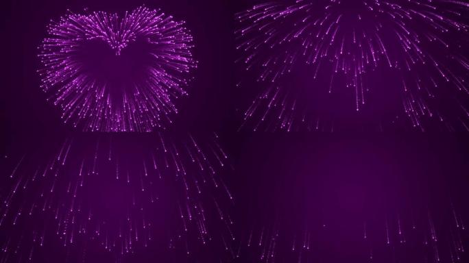 4k彩色烟花与心形形成粒子效果动画，情人节，节日，贺卡，夜间庆祝，循环无缝，发光烟花表演