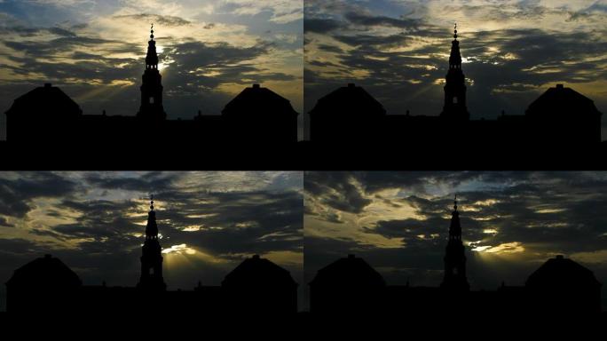 丹麦哥本哈根、克里斯蒂安堡宫和雨中的日落