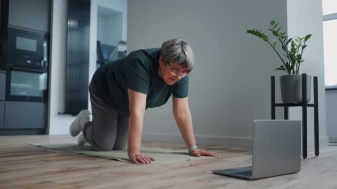 通过互联网上的视频教程在家中训练健康的老年妇女，膝盖站立，手放在地板上