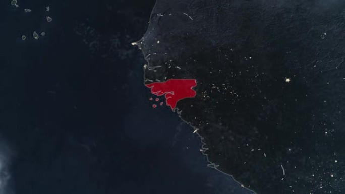 突出显示的几内亚比绍的黑色地图，通过4K照片真实动画地球从太空放大，全景包括非洲、西欧和美国。史诗旋