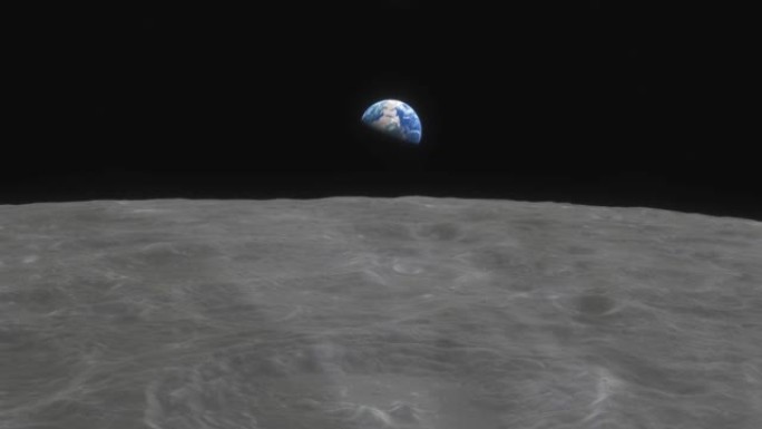 登月计划，飞船飞越月球表面。在月球背景下看到的地球。电影详细的3d动画。月球飞行太空计划的可视化