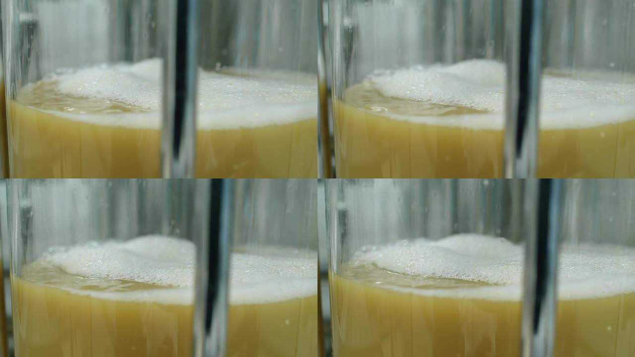 啤酒麦芽汁在酿造过程中被倒入玻璃容器中