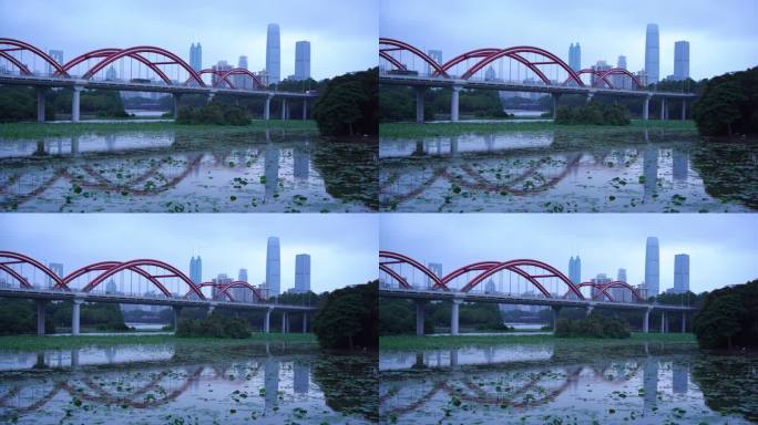 深圳洪湖公园水倒影彩虹桥交通