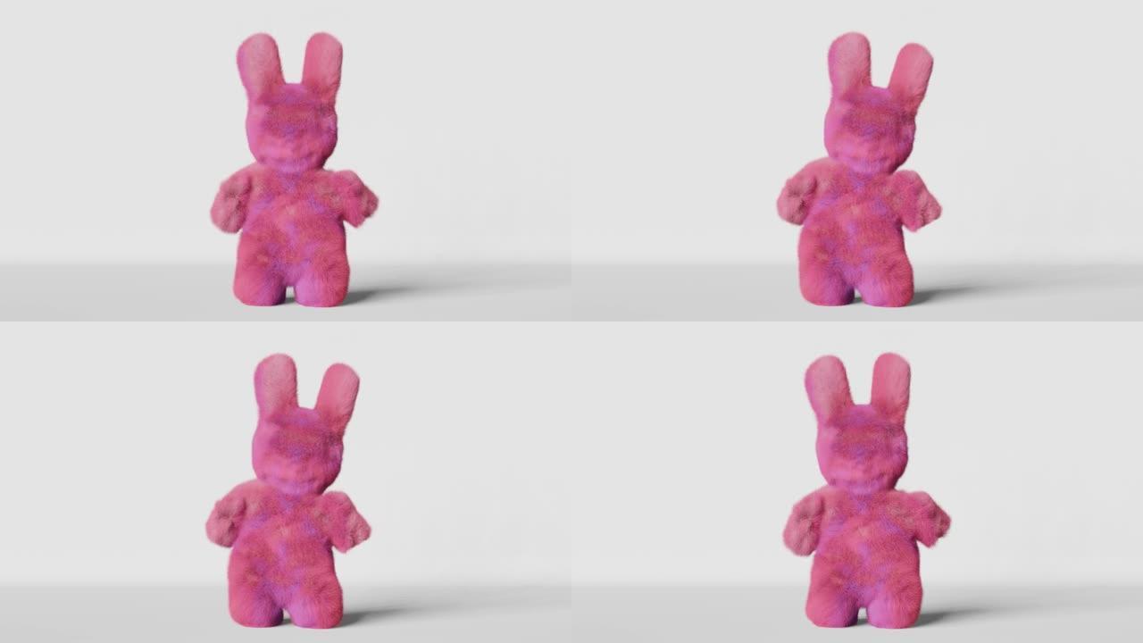 可爱的粉红色复活节兔子做身体热身练习白色背景3d动画循环。有趣的动物跳舞运动积极健康的生活方式。儿童
