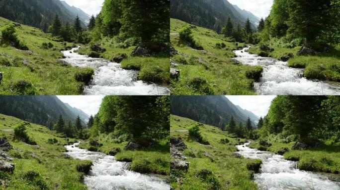 Zillertal阿尔卑斯山的缩放溪流水和景观
