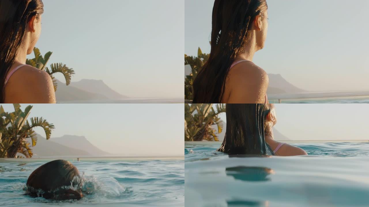 美丽的女人在豪华酒店水疗中心游泳池游泳，享受日落4k时的度假胜地生活方式