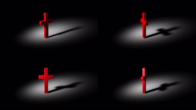 完美无缝循环运动。黑色背景上有阴影的红十字会。信仰和宗教的概念。