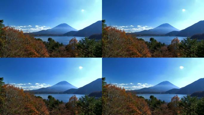 本津湖和富士山，位于日本山梨市