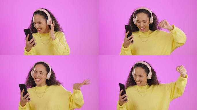 在紫色背景上隔离的女人的舞蹈，耳机和电话，用于移动应用程序或社交媒体音频上的音乐。z世代黑人在智能手