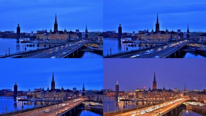 瑞典斯德哥尔摩蓝调傍晚车轨车流日转夜