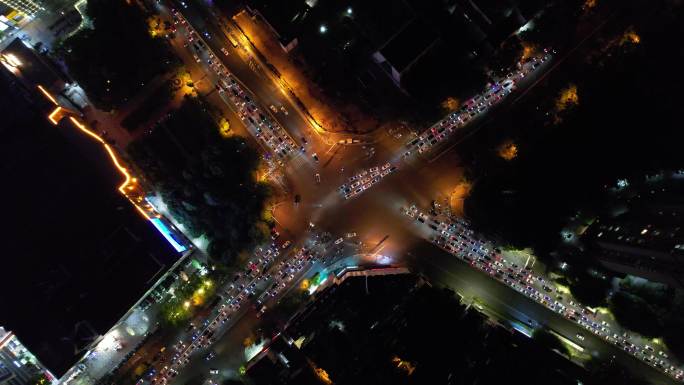 城市夜景拥堵交通航拍