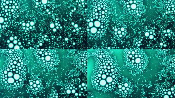 通过显微镜背景观察到的多个绿色细胞团块