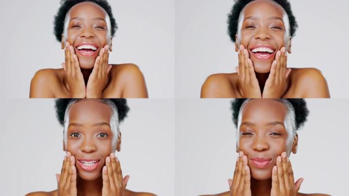 黑人妇女，在美丽的肖像，面部和微笑，面部和皮肤护理与工作室背景的幸福。手接触皮肤，自然光泽和皮肤病学