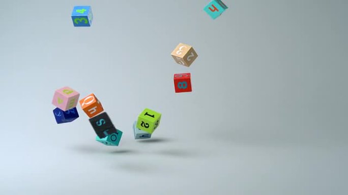 用字母和数字掉落彩色骰子，慢动作