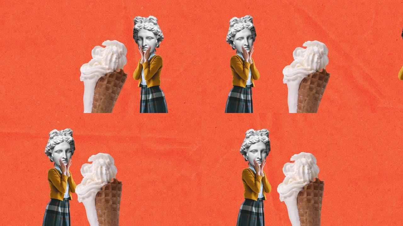 停止动作，动画。当代艺术设计。女人穿着复古风格的衣服，头部的古代雕像孤立在浅色背景上。冰淇淋。电子逆