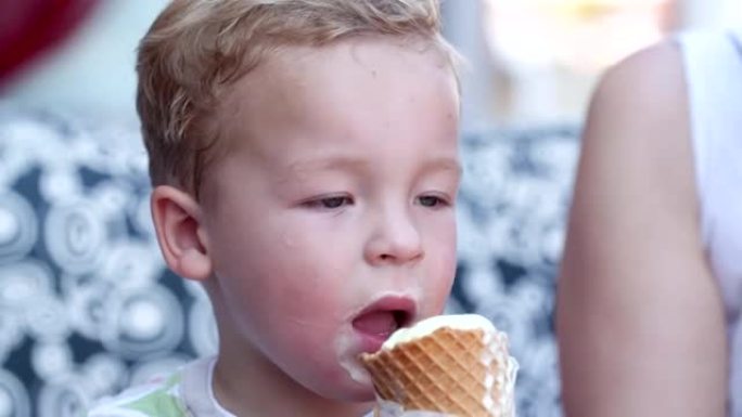 可爱的小男孩吃冰淇淋蛋卷