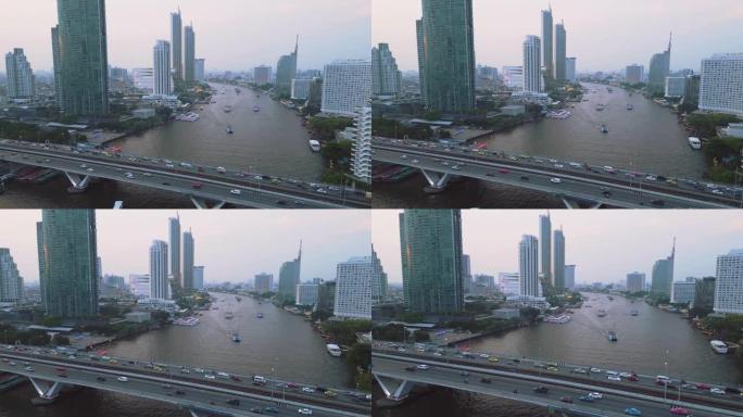 曼谷城市景观和桥上交通的鸟瞰图