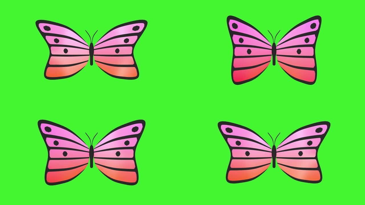 抽象的蝴蝶飞翔，在绿色的屏幕上拍打翅膀。粉红色彩虹色翅膀的蝴蝶。3D循环动画
