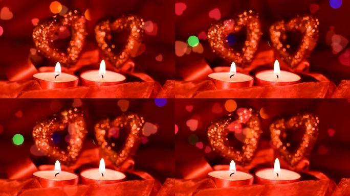 情人节，两支蜡烛，红心和花环闪烁
