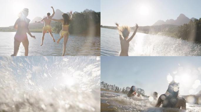 一群朋友在日落时从湖边码头跳下来，玩得开心，在水中嬉戏，享受自由分享夏季冒险