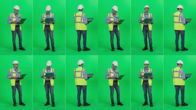三合一绿屏拼贴: 中年工业工程师，建筑专家，仓库工人穿着高可见度的背心，使用笔记本电脑。色度关键背景