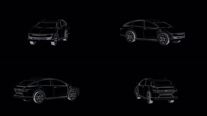 黑色背景4k镜头上的蓝色轮廓电动汽车或电动汽车