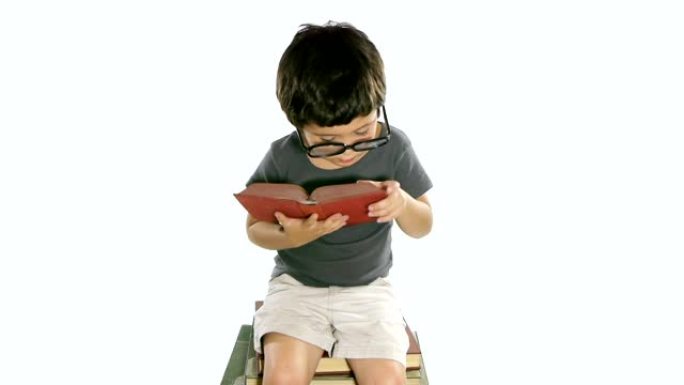 男孩阅读书籍白色背景 (高清)