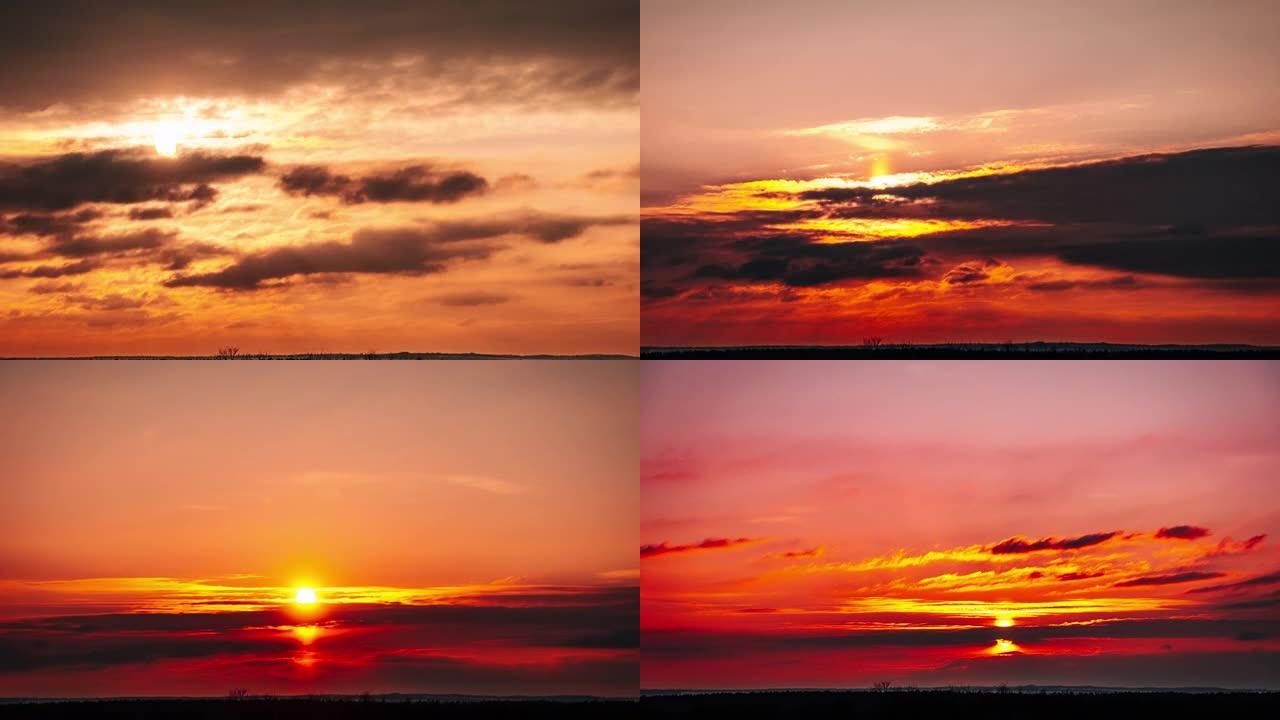 日落通过橙色天空中的云层在地平线上向下移动，延时