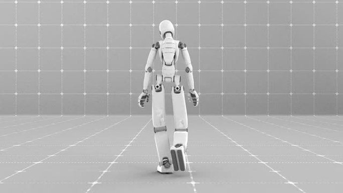 白色未来派机器人行走室内-后视图