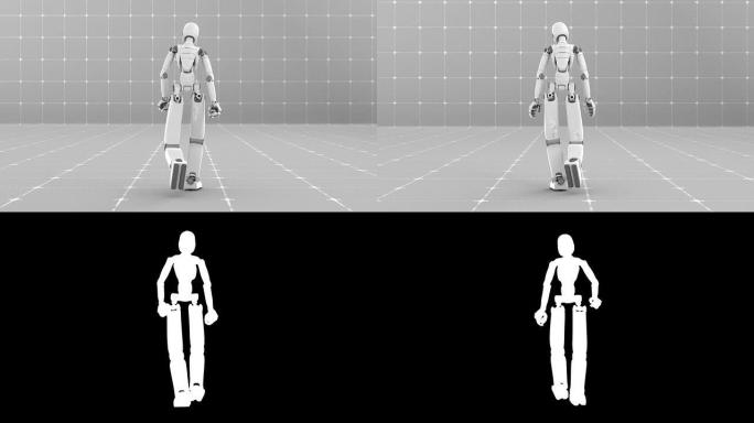 白色未来派机器人行走室内-后视图