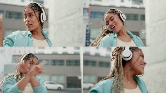 女人，在户外用耳机在城市里跳舞和听音乐。快乐的女舞者享受5g连接耳机在城市听音轨