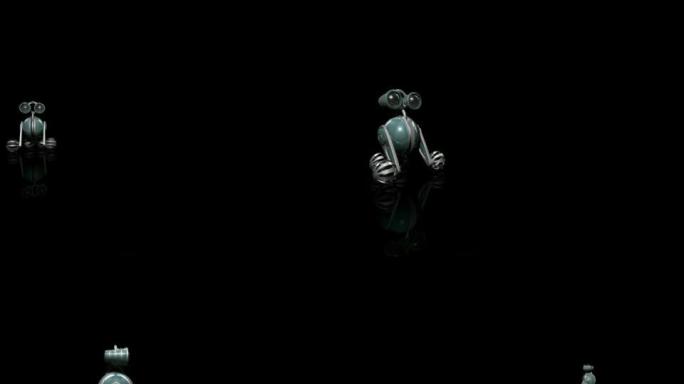 3D机器人在黑色与反射。可循环。NTSC。