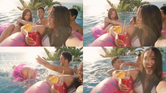 美丽的女人在游泳池里用智能手机拍摄视频，在社交媒体上与朋友分享快乐的暑假，享受旅游假期4k