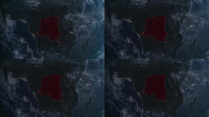突出显示的刚果民主共和国的黑色地图，通过4K照片真实动画地球从太空放大，全景包括非洲、西欧和美国。史