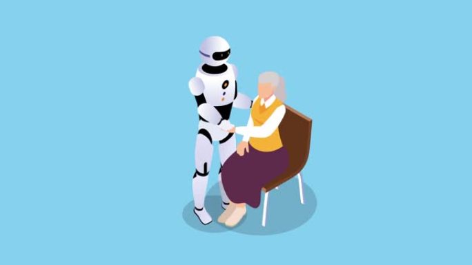 机器人帮助女性老人坐在椅子上
