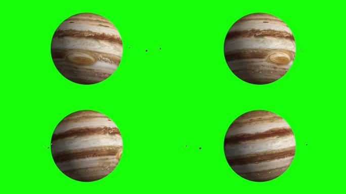 绿屏上的木卫四行星和木卫四，木卫三。3d动画。