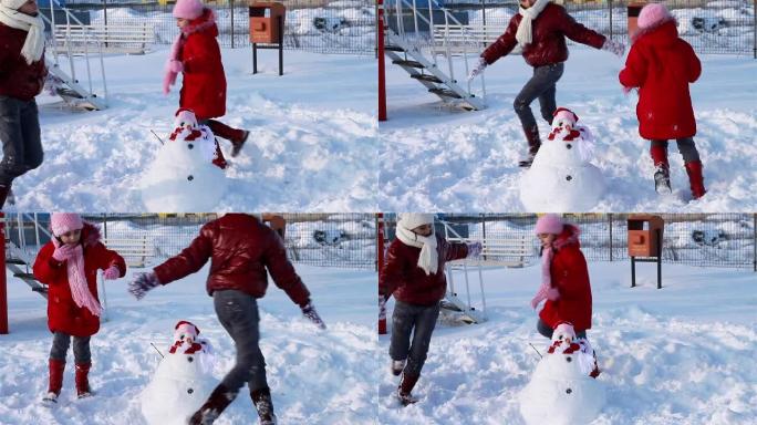 快乐的女孩围着雪人跑