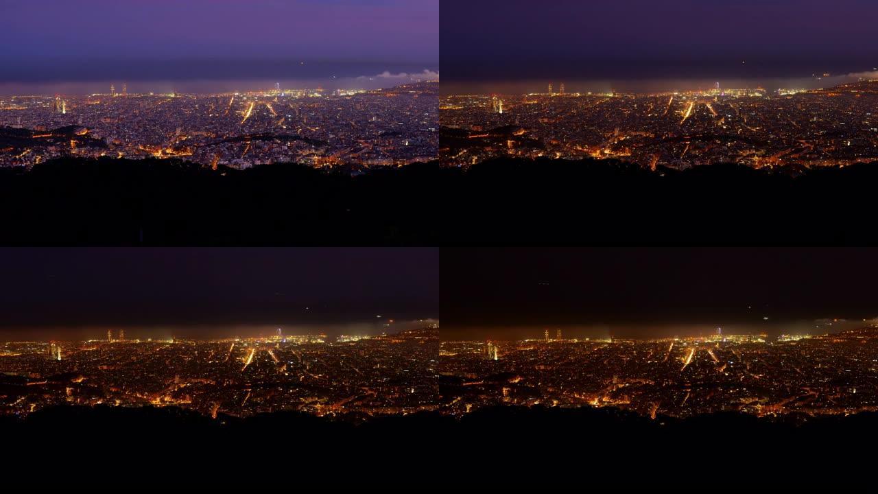 西班牙巴塞罗那延时摄影灯火辉煌的城镇