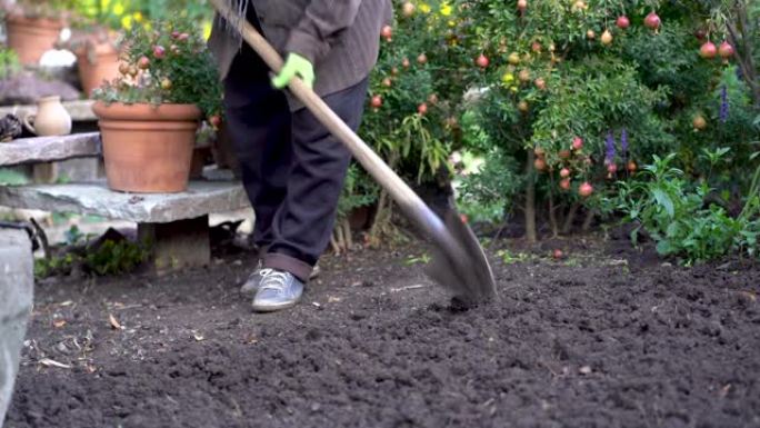 园丁采收后挖土整备。园艺。农园工作理念