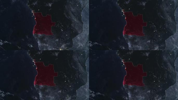 突出显示安哥拉的黑暗地图，通过4K照片真实动画地球从太空放大，全景包括非洲、西欧和美国。史诗旋转的世