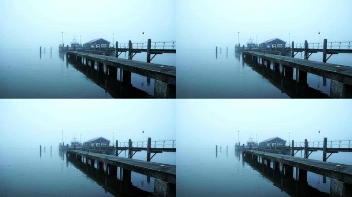 雾中的码头。荷兰马肯