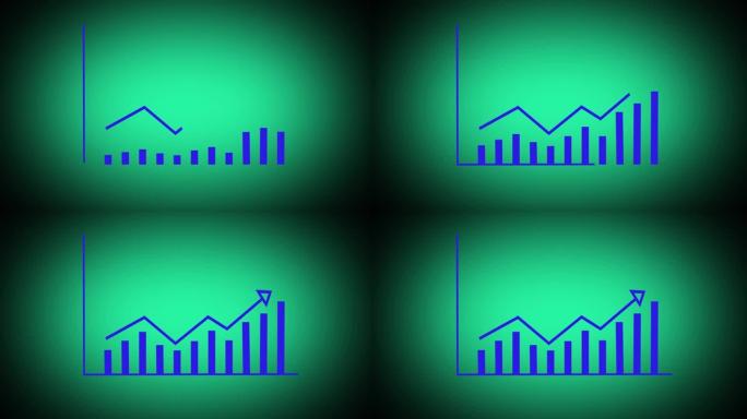 数字业务图和cusses arrow抽象动画。绿色背景的蓝色商业图表。