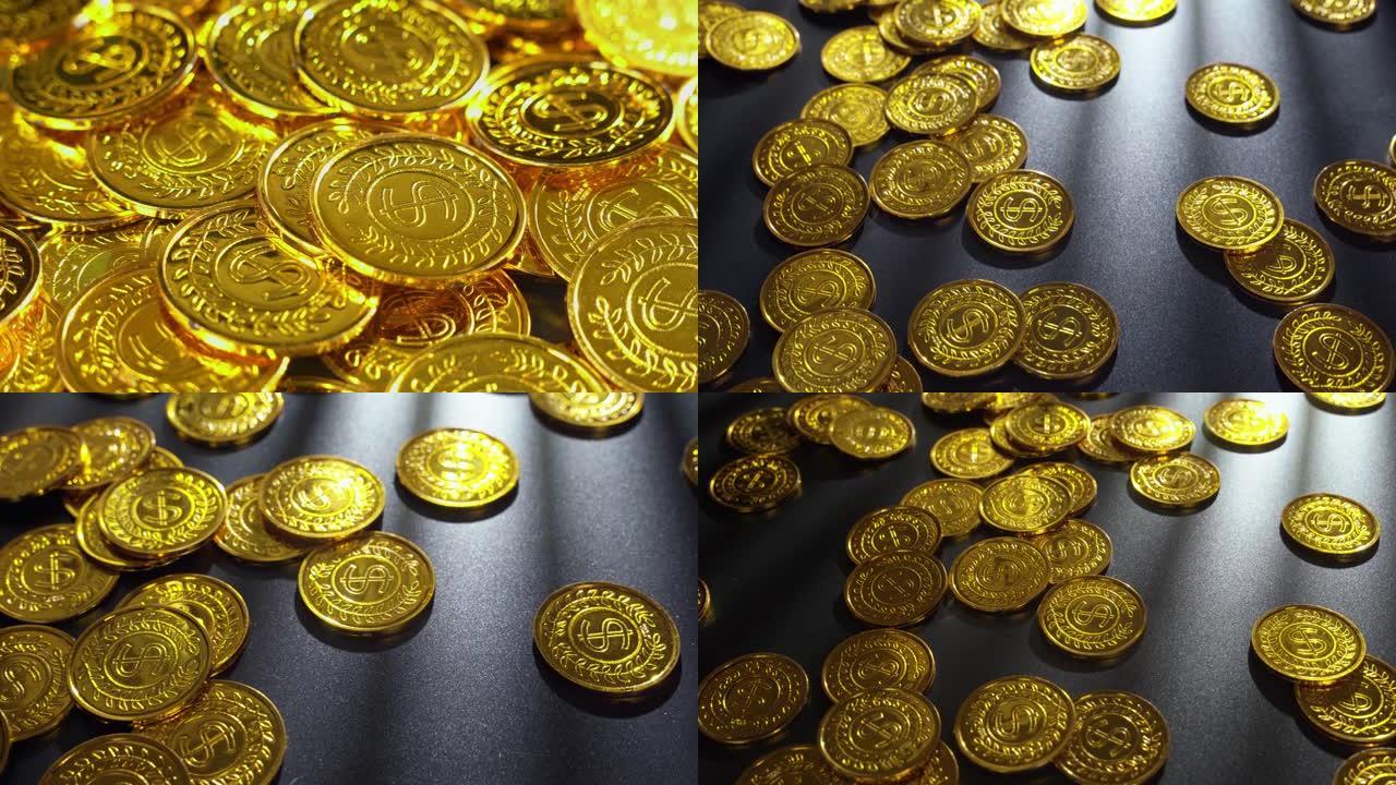 一堆闪亮的金色比特币加密货币在一堆金币上