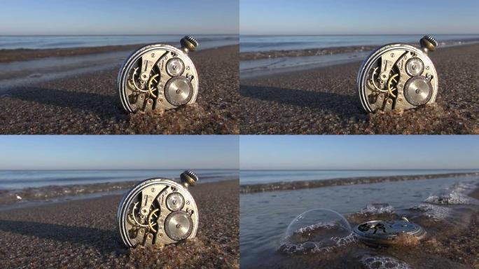 时间和海洋概念 -- 沙滩上的模拟口袋复古钟
