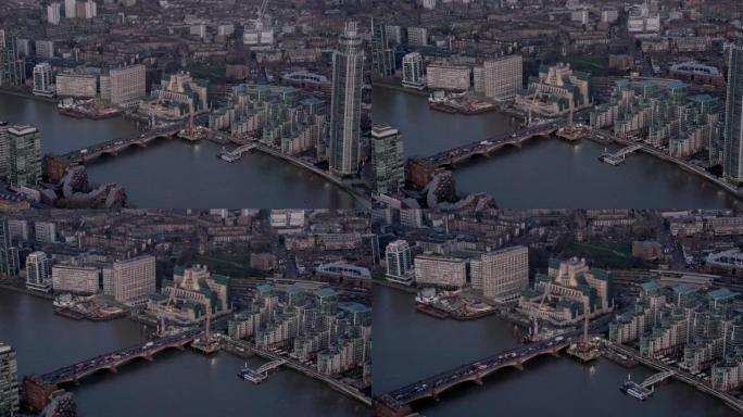 英国伦敦，军情六处大楼、沃克斯豪尔桥和泰晤士河的鸟瞰图。4 k