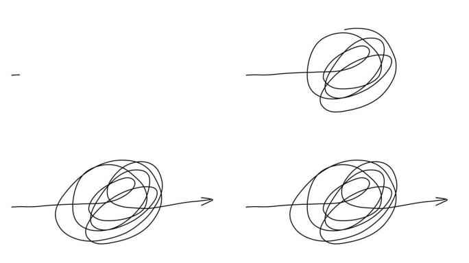 手绘缠结草草草图，涂鸦或黑线，就像找到解决方案抽象涂鸦形状路径一样。涂鸦、线条艺术、混乱、问题、混乱