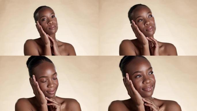 脸、黑人女性和美容、健康和闪耀工作室背景的护肤。肖像，非洲裔美国女性和女士化妆，化妆品和自然身体护理