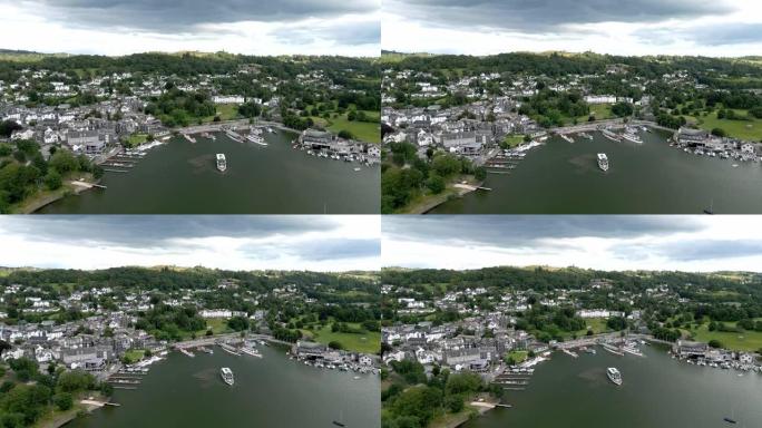 温德米尔河畔鲍内斯的航拍镜头，湖区有河船和英国鲍内斯湾