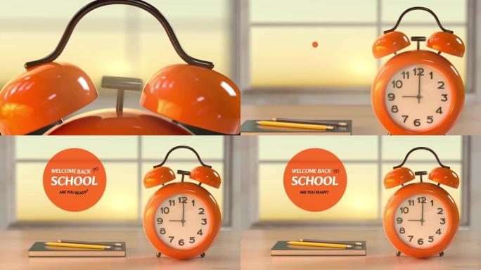 闹钟动画多色。欢迎回到学校文本，带闹钟和彩色铅笔元素的木桌，用于教育信息装饰。