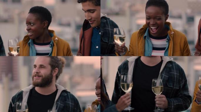 快乐的一群朋友庆祝屋顶派对喝酒享受多样化的友谊聚会社交分享对话